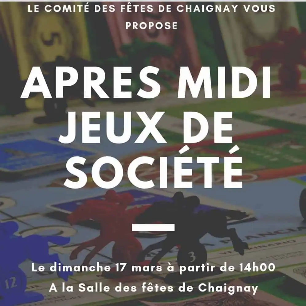Affiche après-midi jeux de société dimanche 17 mars à partir de 14h à la salle des fêtes de Chaignay