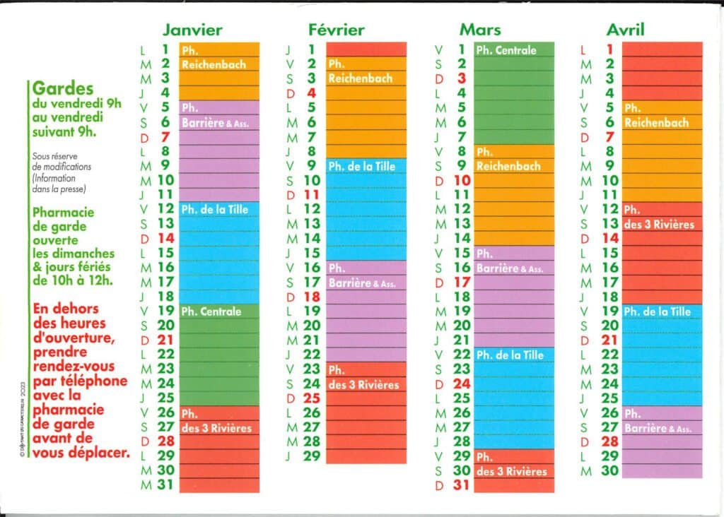 calendrier pharmacies de grade janvier à avril