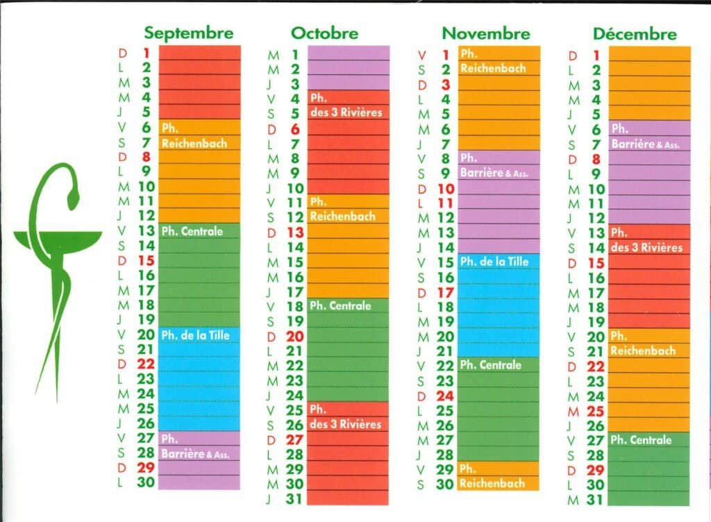 Calendrier pharmacies de garde septembre à décembre