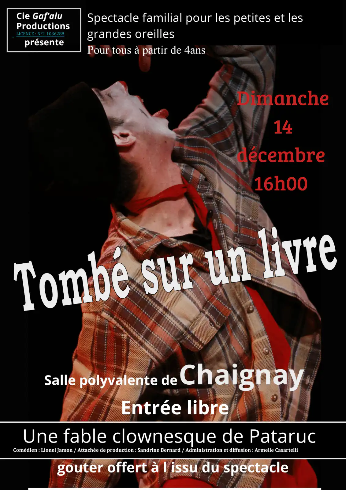 Affiche spectacle familiale Tombé sur un livre à Chaignay dimanche 14 décembre à 16h à la salle des fêtes